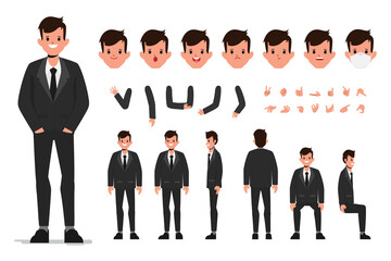 Businessman character in black suit constructor for different poses. Set of various men's faces. Illustration vector isolated on white background.