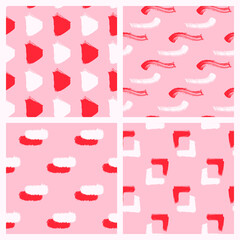 Set of 4 seamless patterns in red, pink and white pastel colors. Creative hand drawn vector wallpapers. Romantic design for cards, textiles, etc.