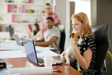 Dog sitting on woman lap in office