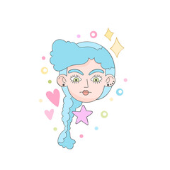 Beautiful girl. Cartoon character. Crazy hairstyle model art. Hearts, stars, dots and sparkles. Isolated vector object on white background.