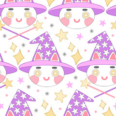 Cute cartoon character. Cat wizard. Witch hat. Magic wand. Seamless vector pattern (background). 