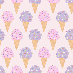 Ice cream. Cute cartoon food. Summer sweetness. Seamless vector pattern (background). Dessert print. 