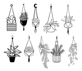 Hand drawn hanging house plants. Black silhouettes of different plants in pots. Vector illustration isolated on white background
