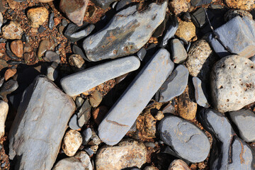 Gray oblong smooth river pebbles on the river bank at Magadan region