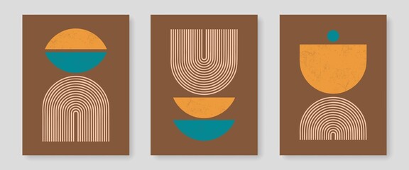 Abstract Geometric Wall Art. Neutral Color Poster Set with Line Organic Shapes. Line Drawing Print, Earth Tones for Wall Decor. Vector EPS 10