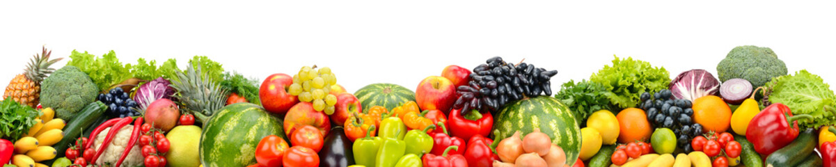 Panorama of fresh bright vegetables and fruits isolated on a white
