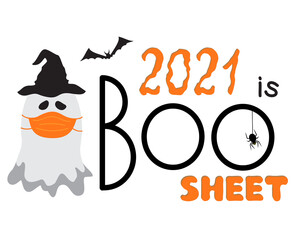 Halloween covid-19 funny mood. 2021 is boo sheet vector concept. Cartoon ghost in medical mask, bat and spider isolated on white.