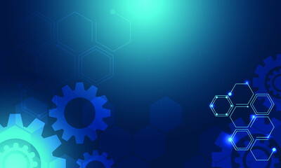 Abstract mother board with gear and hexagon and line dot connection. Chip curcuit processor system surface background with shine light energy for engenerering data.