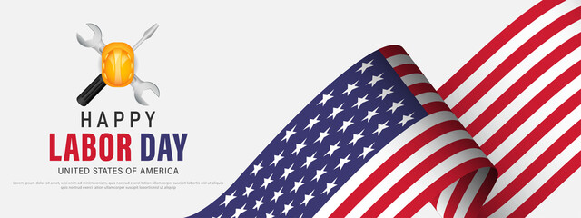 Happy labor day usa banner template design with usa flag and work equipment.