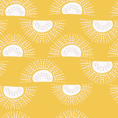 Yellow with white sun shapes with white sun rays seamless pattern background design.