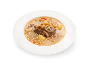 Plate with tasty beef barley soup on white background