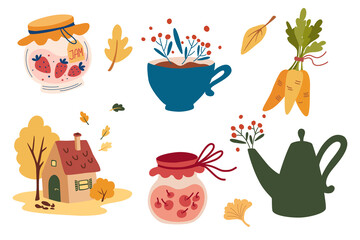 Cozy autumn. Set of elements. Small house, teapot, cup, jam, leaves and berries. Home autumn comfort and harvest. Vector hand draw decorative bundle.