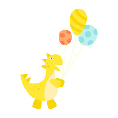 Cute dinosaur and balloons, on a white background. Vector graphics. The concept of the holiday, birthday, discounts, gifts, children's holidays. Design for books, notebooks, notepads.