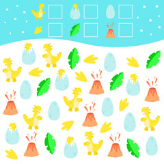 Vector graphics of 10 EPS. Cute and colorful dinosaurs. A game for children. Child development. Printout for preschoolers. Puzzle, classes, riddle, logic game for the development of innate.