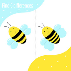 Assignments for preschoolers. A game for children. Printout. Bees, find 5 differences. Vector graphics. On white background. Design for children's books, exercise books. For printing on paper. 