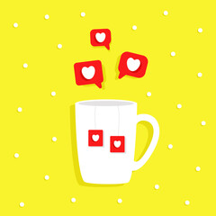 Vector graphics. Mug with red hearts. Warm drink. Declarations of love. For vep sites, poster, banner, packaging, postcards.