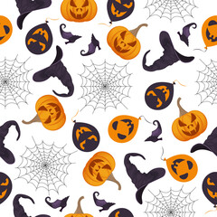 Fototapeta na wymiar A seamless pattern with Halloween symbols, such as a jack-o - lantern pumpkin, a balloon with creepy grimaces, a witch s hat and shoes, and a spider web. Halloween symbols for the print. Vector
