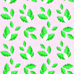 Seamless pattern. Vector graphics. 10 eps. Tropical leaves, dinosaur theme. Pink background. For the design of fabrics, clothes, wallpapers, prints, covers, advertising, presentation, web site.