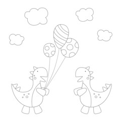 Coloring book for children. Vector graphics. Cute black and white dinosaur with balloons. Printout for preschoolers. Circuit.