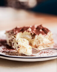 Traditional Tiramisu Cake served on a white plate over wooden background. Italian French cuisine concept