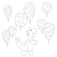 Coloring book dinosaur and balloons, on a white background. Vector graphics. The concept of the holiday, birthday, discounts, gifts, children's holidays. Printout for preschoolers. Design for books.