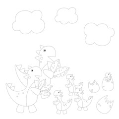 Children's coloring Dinosaurs. Tyrannosaurus family. Parents feed their children in nature. Jurassic period. Egg, dinosaur. Lettering Design for children's books. White background.