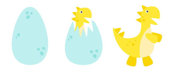 Dinosaurs set, on a white background. Vector graphics. Tyrannosaurus rex, Jurassic, dinosaur egg. The birth of the dinosaur. Design for covers, books, notebooks, concessions, web sites, textiles.