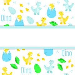 Background for the text dinosaurs on a white backdrop. Tyrannozvor rex, bright, cute print. Place for inscription. Jurassic period. Egg, dinosaur footprints. Design for the design of notebooks.