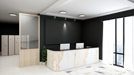 office front desk or receptionist room for company wall logo mockup