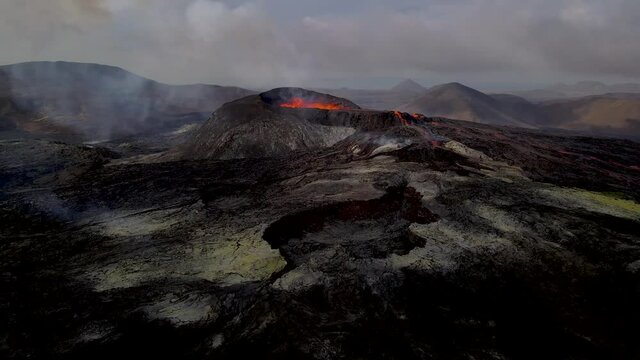Impressive aerial view of the exploding red  lava  from the Active Volcano in Iceland