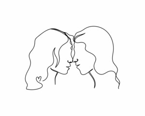 Continuous one line drawing of lesbian lgbtq couple icon in silhouette on a white background. Linear stylized.