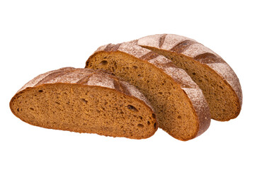 Round bread of wheat and rye flour cut into pieces isolated on a white background.Fresh delicious loaf of bread on a white background.Healthy healthy bread made from whole grains.