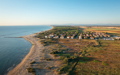 Aerial view of Adriatic cost.Summer vacation concept.Lido di Dante town,mediterranean sea, Emilia...