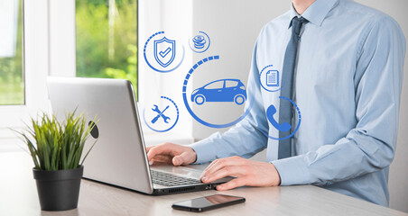 Digital composite of Man holding car icon.Car automobile insurance and car services concept....