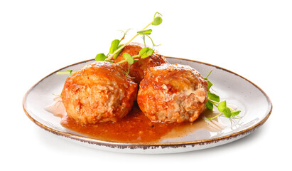 Plate with delicious meatballs and melted cheese on white background