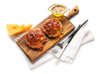 Composition with delicious minced meat boats, sauce bowl and cutlery on white background
