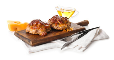 Composition with delicious minced meat boats, sauce bowl and cutlery on white background