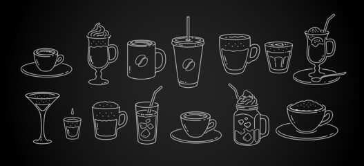 Line art chalk drawn isolated coffee cups
