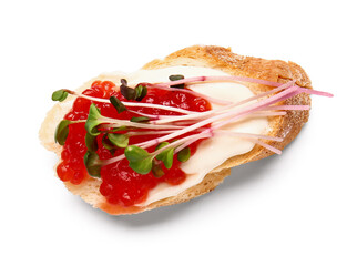 Tasty bruschetta with red caviar and micro green on white background
