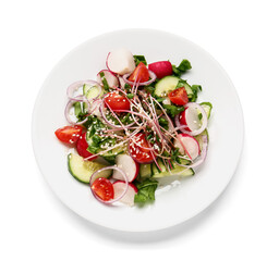 Plate with tasty salad on white background