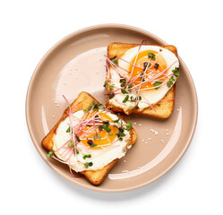Tasty toasts with fried eggs and micro green on white background