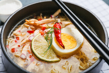 Bowl of tasty Thai soup with chicken on table, closeup