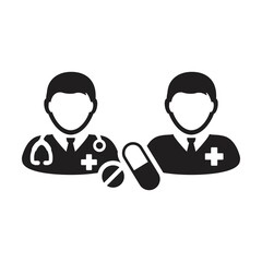 Doctor icon with patient vector with pill and tablet for medical treatment and consultation in a glyph pictogram illustration