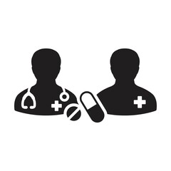 Healthcare icon doctor with patient vector with pill and tablet for medical treatment and consultation in a glyph pictogram illustration