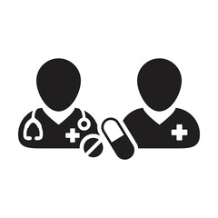 Medical icon doctor with patient vector with pill and tablet for medical treatment and consultation in a glyph pictogram illustration