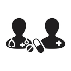 Health icon doctor with patient vector with pill and tablet for medical treatment and consultation in a glyph pictogram illustration