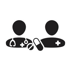 Doctor icon with patient vector with pill and tablet for medical treatment and consultation in a glyph pictogram illustration