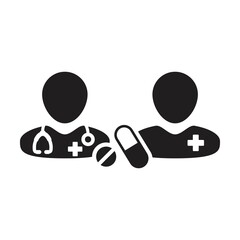 Ask a doctor icon with patient vector with pill and tablet for medical treatment and consultation in a glyph pictogram illustration
