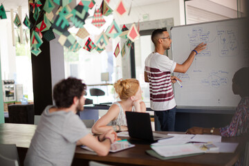 Man drawing on white board for colleagues