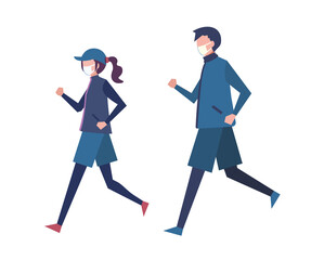 ジョギングする男女のセット　冬服　マスク着用